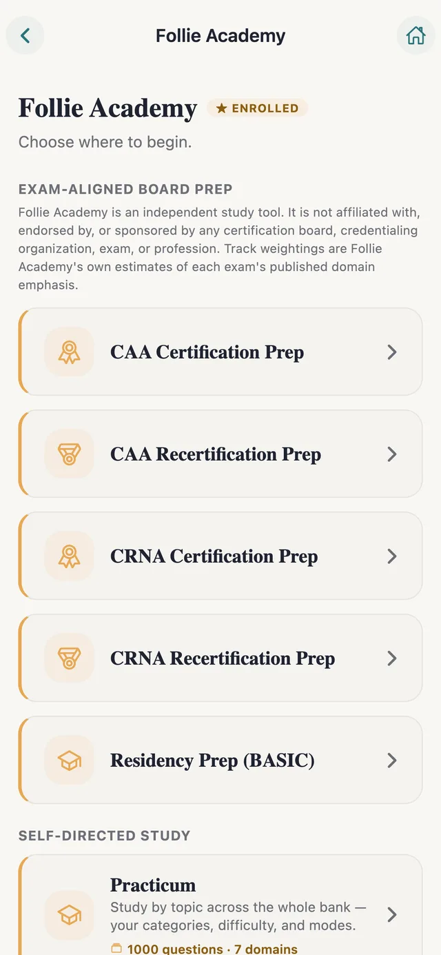 Follie Academy with five exam-aligned tracks and the Practicum