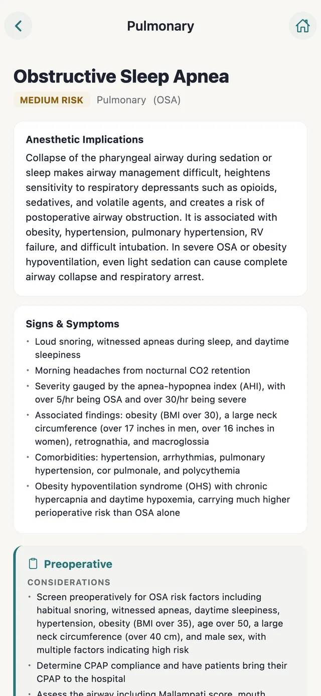 The comorbidity guide for obstructive sleep apnea: risk grade, anesthetic implications, signs and symptoms, and preoperative considerations