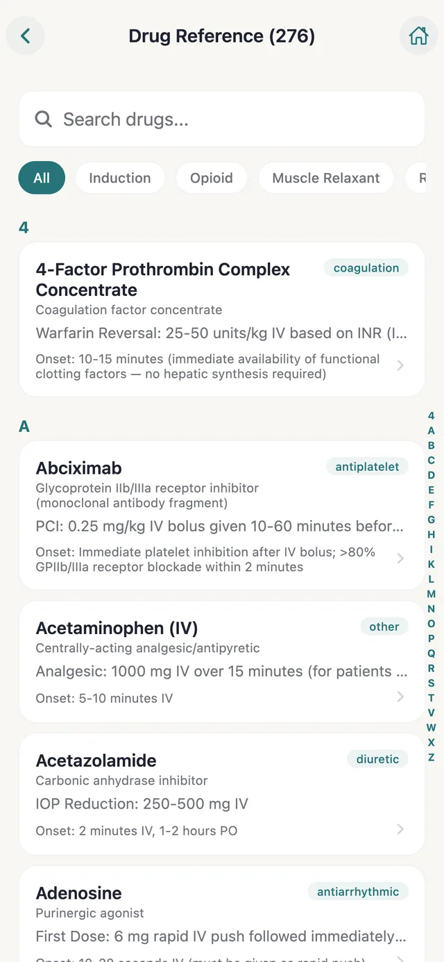The Drug Reference list with category filters and entries showing class, dose, and onset
