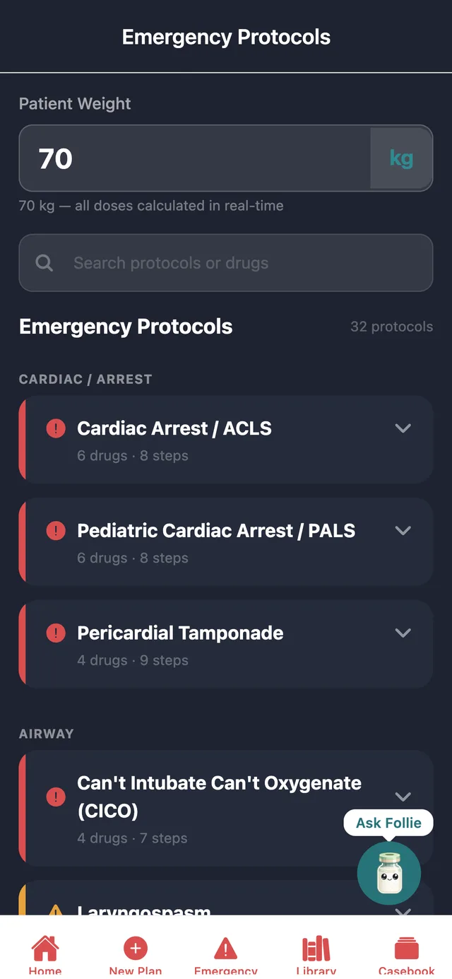 Emergency Protocols with a patient weight field and the ACLS, PALS, tamponade, and CICO protocols listed