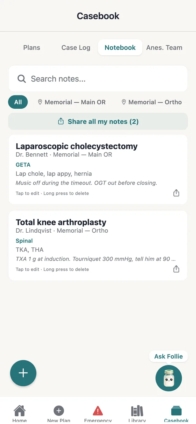 The Notebook: notes for a laparoscopic cholecystectomy and a total knee arthroplasty, each with the surgeon, site, anesthetic, and special requests