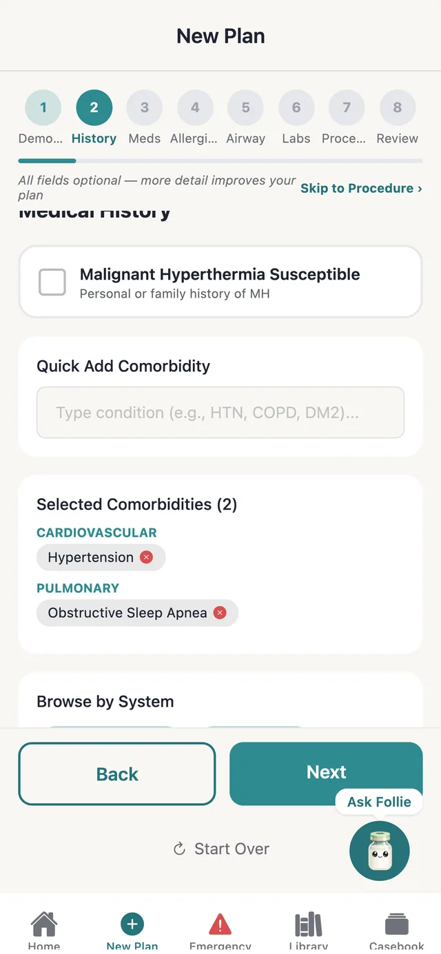 The New Plan history step with hypertension and obstructive sleep apnea selected