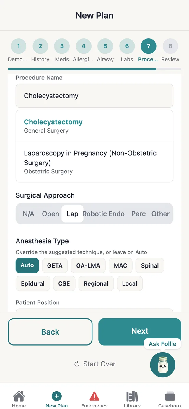 The New Plan procedure step with cholecystectomy chosen and a laparoscopic approach