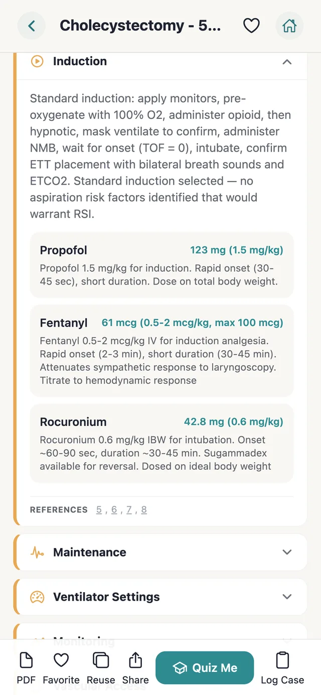 A generated Follie plan: the Induction section with propofol, fentanyl, and rocuronium doses calculated for an 82 kg patient