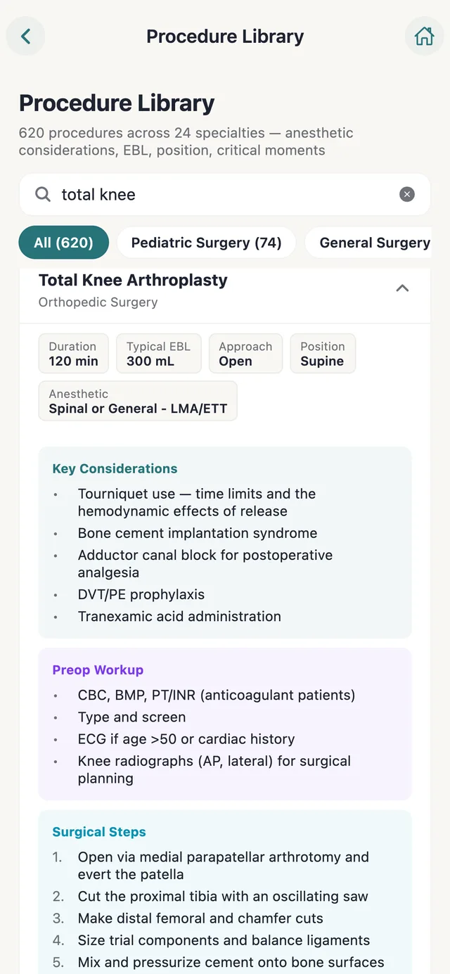 The Procedure Library entry for total knee arthroplasty: duration, EBL, approach, position, anesthetic, key considerations, preop workup, and surgical steps